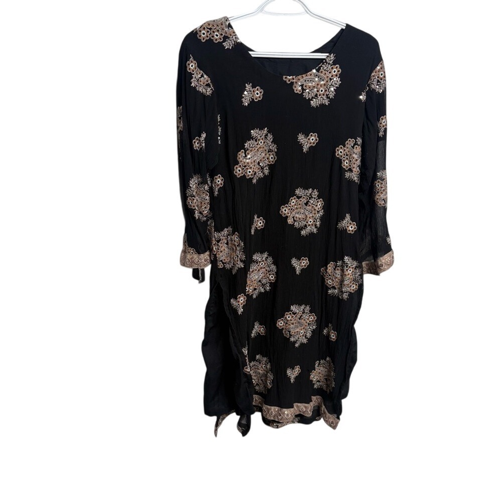 Black Embroidered Mirror Tunic Dress Boho Indie Festival Ethnic - Picture 3 of 8